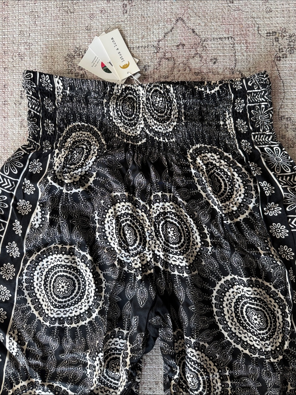 Black & White Mandala Smocked Waist Joggers - Picture 2 of 9